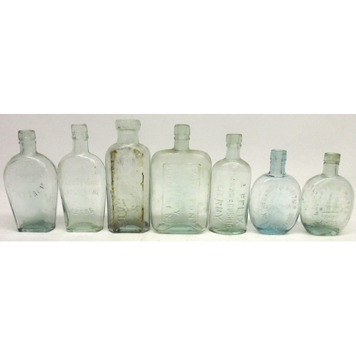 229 - Collection of glass bottles incl, green, blue and amber ribbed poison bottles, dimpled 'hedgehog' be... 