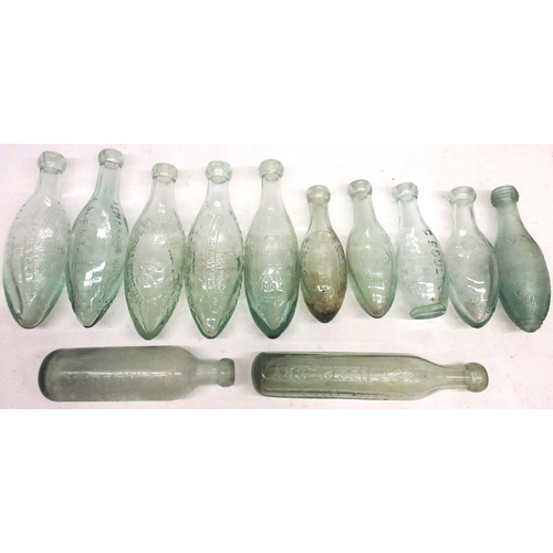 231 - Nine torpedo glass bottles with various designs and makers incl, Lemon & Co, G Boulton Alford, J Mil... 