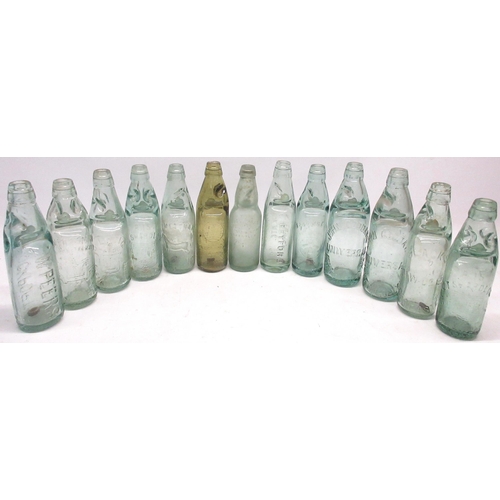 237 - Collection of thirteen Codd-neck glass bottles from Nottinghamshire, Manchester, Barnsley, Wakefield... 