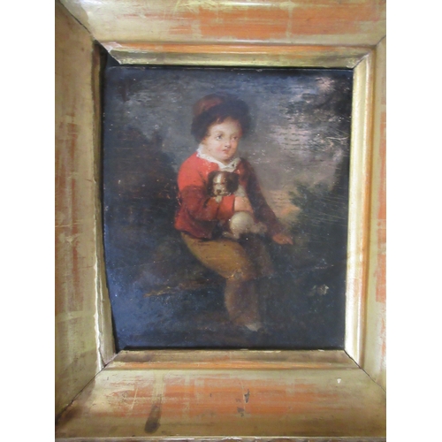 1325 - English School (Early 19th century); Boy seated with a Spaniel puppy, cottage beyond, oil on panel, ... 