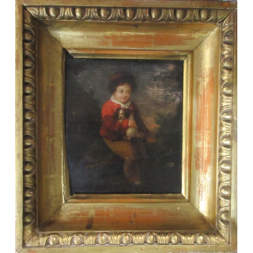 English School (Early 19th century); Boy seated with a Spaniel puppy, cottage beyond, oil on panel, 19cm x 16cm