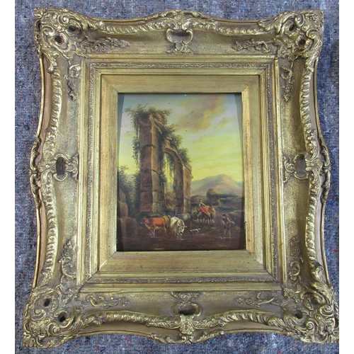 314 - Victorian style study of Cattle watering by a ruin, oil on softwood panel, in moulded gilt frame, 24... 