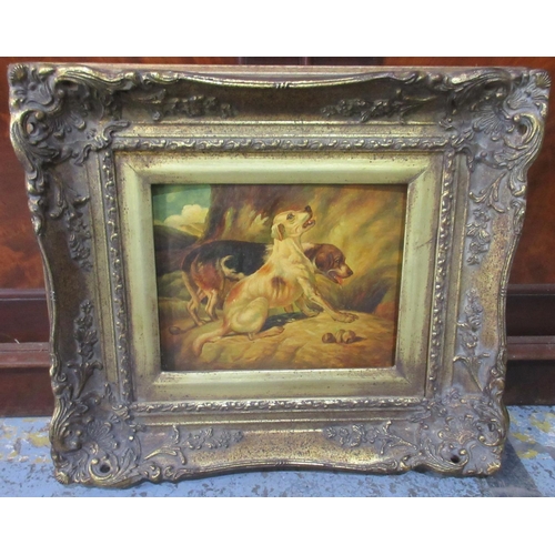 315 - Victorian style study of two Hounds, oil on softwood panel, in moulded gilt frame, 18cm x 24cm