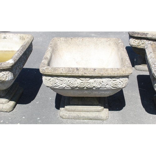 1269 - Four reconstituted stone garden planters on plinths with Rose and leaf design , 53cm square, H44cm, ... 