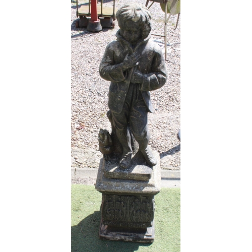 1273 - Reconstitute stone statue of a young man sheltering from the wind, on plinth H120cm