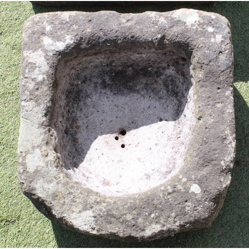 1274 - 'D' shaped sandstone trough with drainage holes. 50cm x 46cm x 23cm