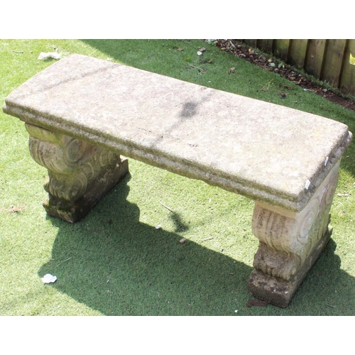 1279 - Modern stone garden bench with Grecian pattern on legs, 100cm x 36cm x 43cm