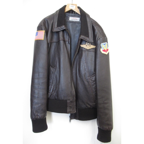 1354 - Leather bomber jacket (XL) with Air Combat Command patch to left arm, U.S. Air Force badge to left s... 