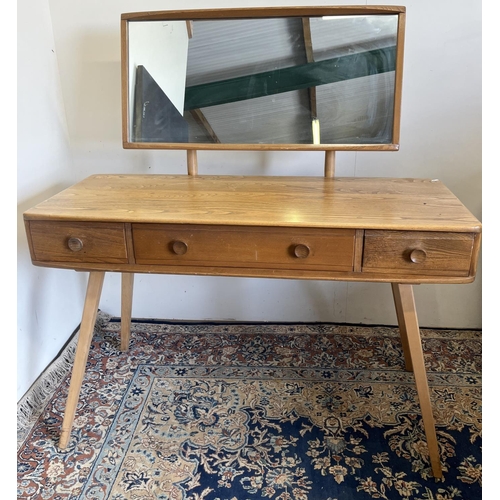 550 - Ercol Windsor dressing table, rectangular top mounted by rectangular mirror, three drawers, on taper... 