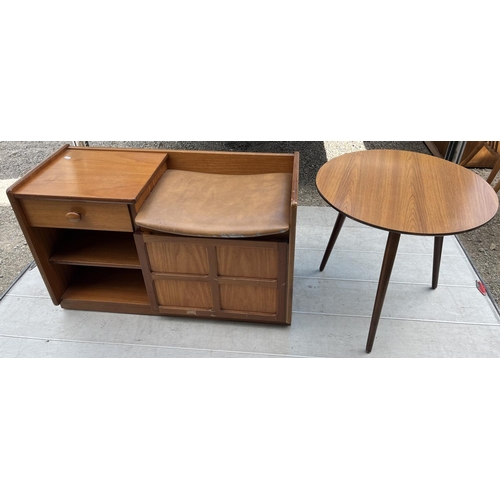 555 - Nathan 'Squares' teak telephone table, W91cm D37cm H56cm, and a circular Formica topped occasional t... 