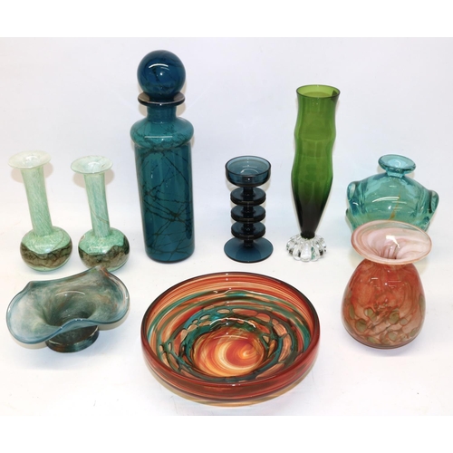 684 - Collection of art glass, incl. pair of Mdina vases, bowl, decanter and pinched neck vase, Wedgwood S... 