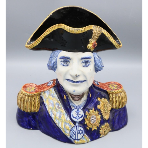 688 - French faience polychrome decorated jug, in the form of Lord Nelson, H20cm