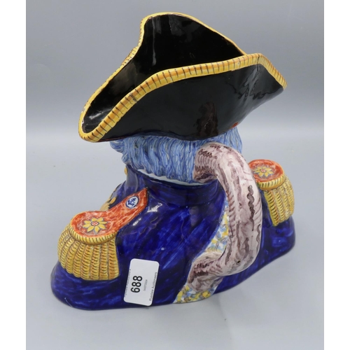 688 - French faience polychrome decorated jug, in the form of Lord Nelson, H20cm