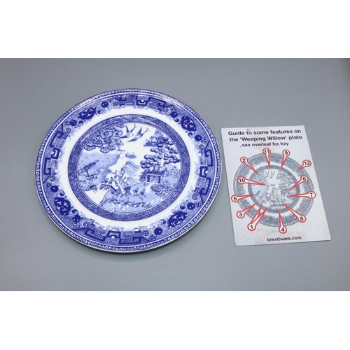 696 - Political interest: Harriet Coles, blue and white 'Weeping Willow' plate from the 'Brexitware' art p... 