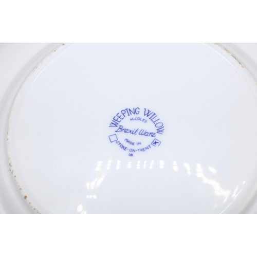 696 - Political interest: Harriet Coles, blue and white 'Weeping Willow' plate from the 'Brexitware' art p... 