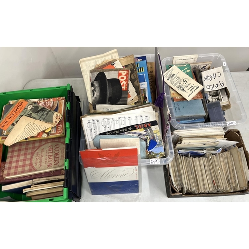 699 - Collection of vintage books incl. cookery, postcards, sheet music etc. (4 boxes)