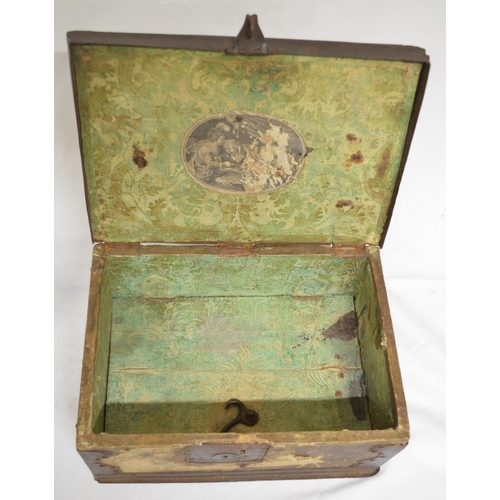 837 - Wood and wrought metal panelled box with internal lift up section and traces of paper lining, max. W... 