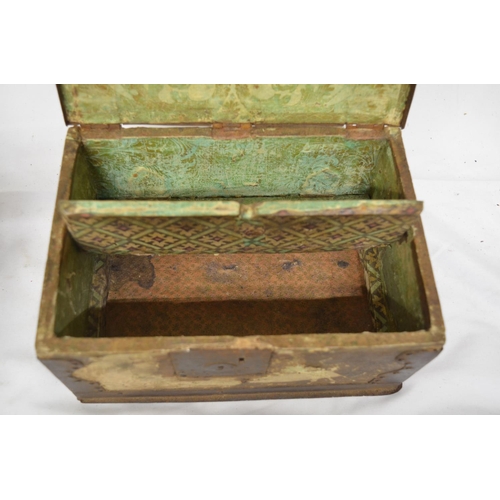 837 - Wood and wrought metal panelled box with internal lift up section and traces of paper lining, max. W... 