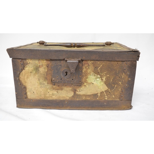 837 - Wood and wrought metal panelled box with internal lift up section and traces of paper lining, max. W... 