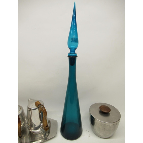 809 - Blue glass genie bottle and mid century picquot ware incl tea, coffee and sugar pot, etc.