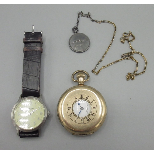 540 - Swiss rolled gold half hunter keyless pocket watch; white enamel Roman dial, subsidiary seconds, Den... 