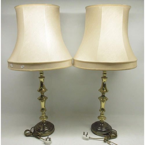 580 - Pair of brass table lamps with beige shades, H90cm