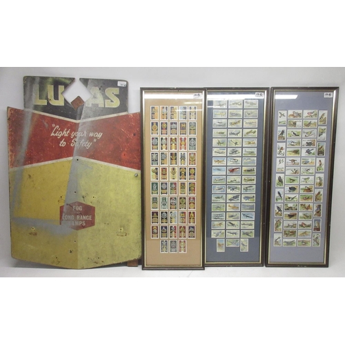 581 - 1960's Lucas Fog and Long Range Lamp garage display board, H88cm; three framed sets of Gallaher Ltd.... 