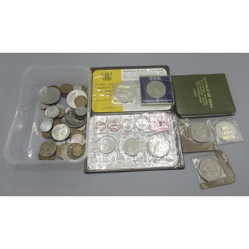 69 - Collection of coins to include 1889 crown, 1964 half dollar, 1891 three pence, etc.