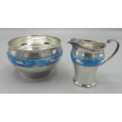 71 - Edwardian silver sugar bowl and jug with blue enamel band, inscribed on base Connell 83 Cheapside Lo... 