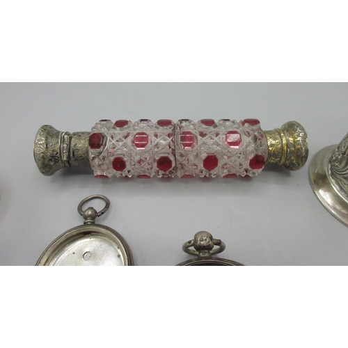 73 - Victorian double ended scent bottle composed of unmarked gilt metal and cut glass with red overlay, ... 