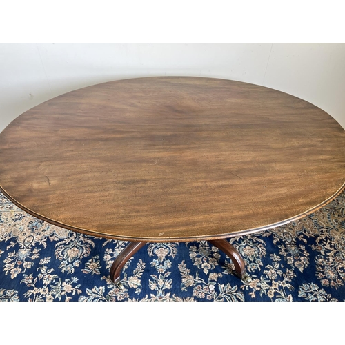 1145 - 19th century mahogany breakfast table, oval tilt top on vase shaped support and four moulded down cu... 