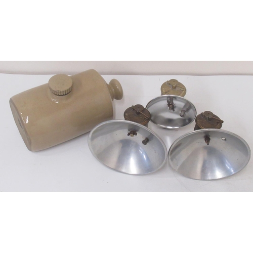 361 - Three acetylene lamps and a stoneware hot water bottle