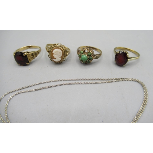 16 - 9ct yellow gold ring set with cameo, size K, and three other 9ct gold rings, all stamped 375 or 9ct,... 