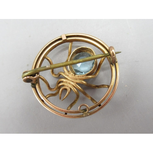 17 - Edwardian yellow metal unmarked pin brooch in the form of a spider, set with pale blue stones, 3.5g