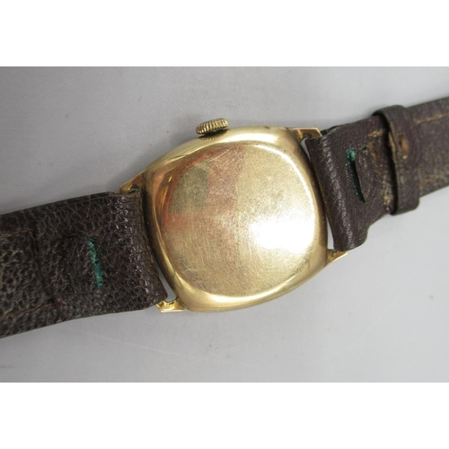 40 - 1940's Bernex 9ct gold cushion wristwatch on brown leather strap, signed silvered dial, applied Arab... 