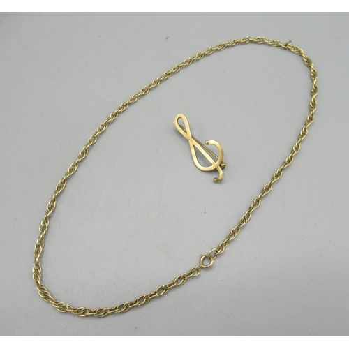 674 - 9ct yellow gold &-shaped pin brooch, and a 9ct yellow gold chain link necklace, L40.5cm, both stampe... 