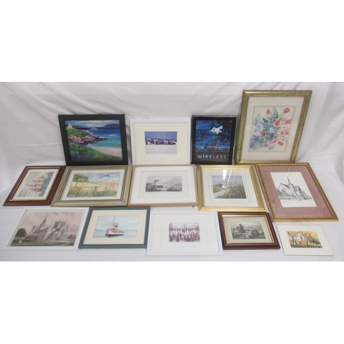 384 - Mixed collection of 14 framed pictures and prints to inc. a Wireless poster signed by Andrew-Lee Pot... 