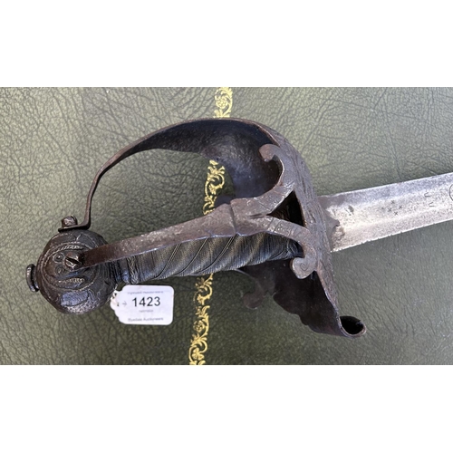 1423 - Circa mid 17th century full basket hilt Mortuary sword, 32