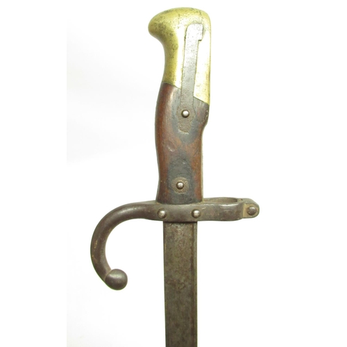 1420 - French model 1874 gras sword with engraving and date to blade 1882, lacking sheath, blade L52cm