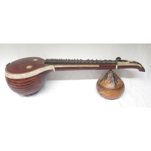 411 - Large Old Indian Veena/Sitar with decorative floral bone banding, fluted bowl back, head stock finia... 