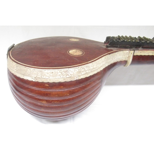411 - Large Old Indian Veena/Sitar with decorative floral bone banding, fluted bowl back, head stock finia... 