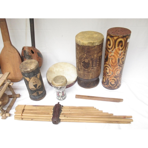 414 - Mixed collection of Tribal/Indigenous musical instruments to inc. Xylophones, string instruments, wi... 