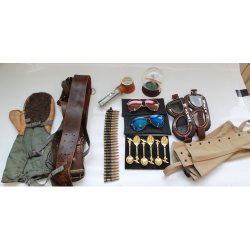 1399 - Two pairs of a aviation goggles, two pairs of aviation sun glasses, desk ornament of a spitfire, mag... 