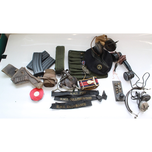 1402 - Large collection of military items. Stable belts, berets, Cavalry spurs, morse tapper, head sets, Na... 