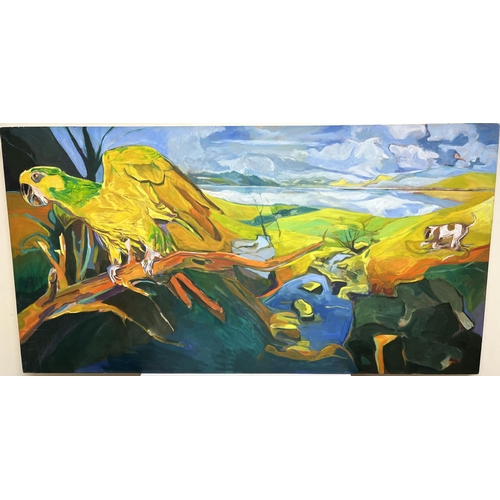 329 - Alan Gilbert (British Contemporary); 'Fauve landscape with Parrot and Dog, oil on canvas, unframed, ... 