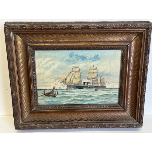 333 - English School (Later 19th century); Royal Navy Ironclad, with fishing boats in open water, oil on p... 