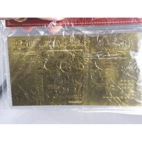 604 - Four British Gold 24K banknotes of £50 £20 £10 and £5 in original plastic packaging