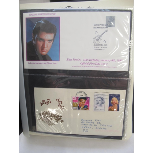 647 - Collection of Marilyn Monroe and Elvis Presley related stamps and covers in 4 folders