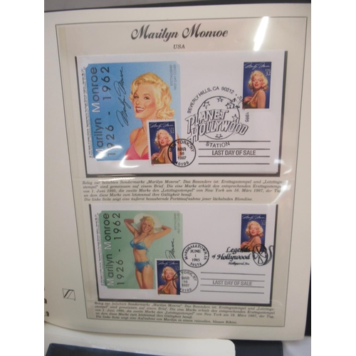 647 - Collection of Marilyn Monroe and Elvis Presley related stamps and covers in 4 folders