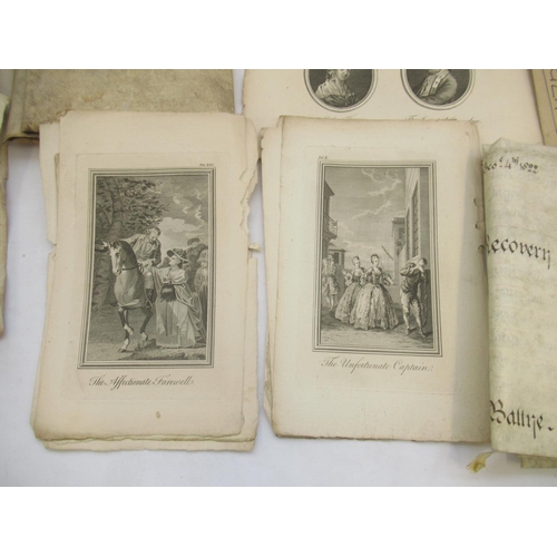 688 - Collection of C19th book illustrations, Indentures, letters etc. to inc. 2 cigarette packs cont. cig... 